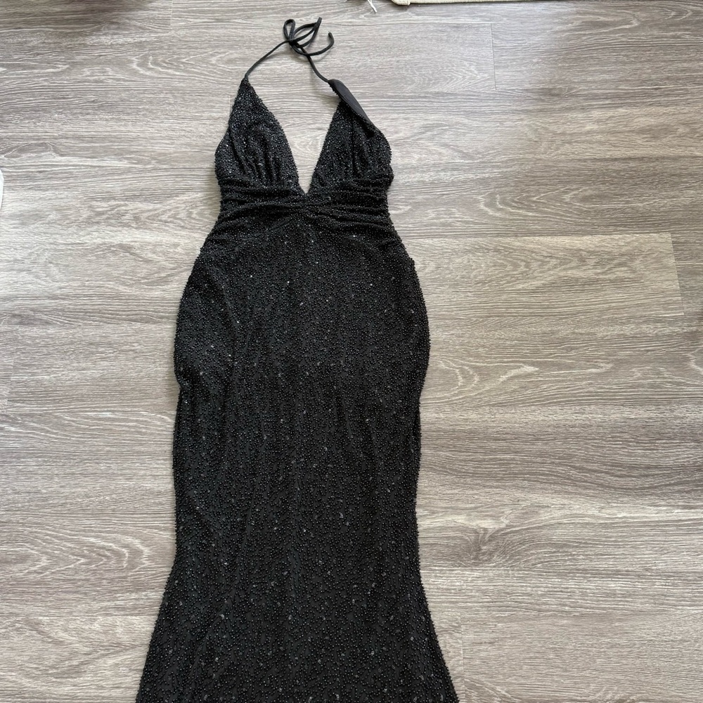 black beaded halter Oh Polly formal dress